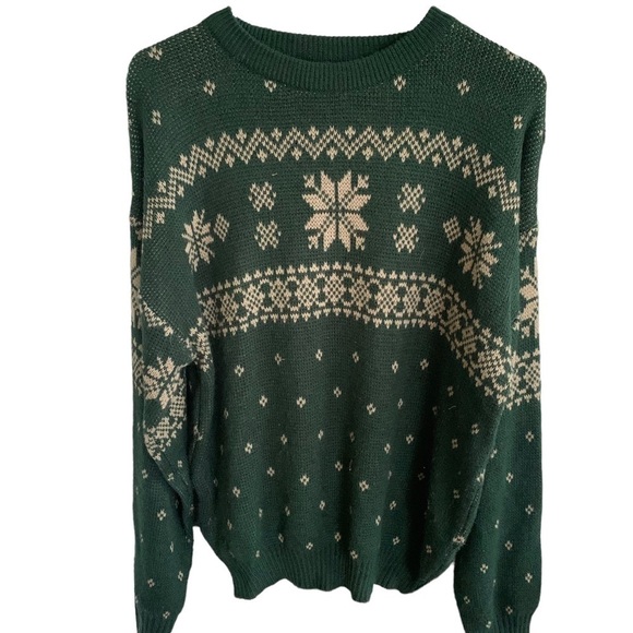 Vintage 80s 90s Men's Women's Green Snowflake Fair Isle Sweater ITC Size L - Picture 1 of 4